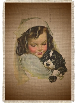 Картина на мешковине арт.515  "Девочка с щенком"
